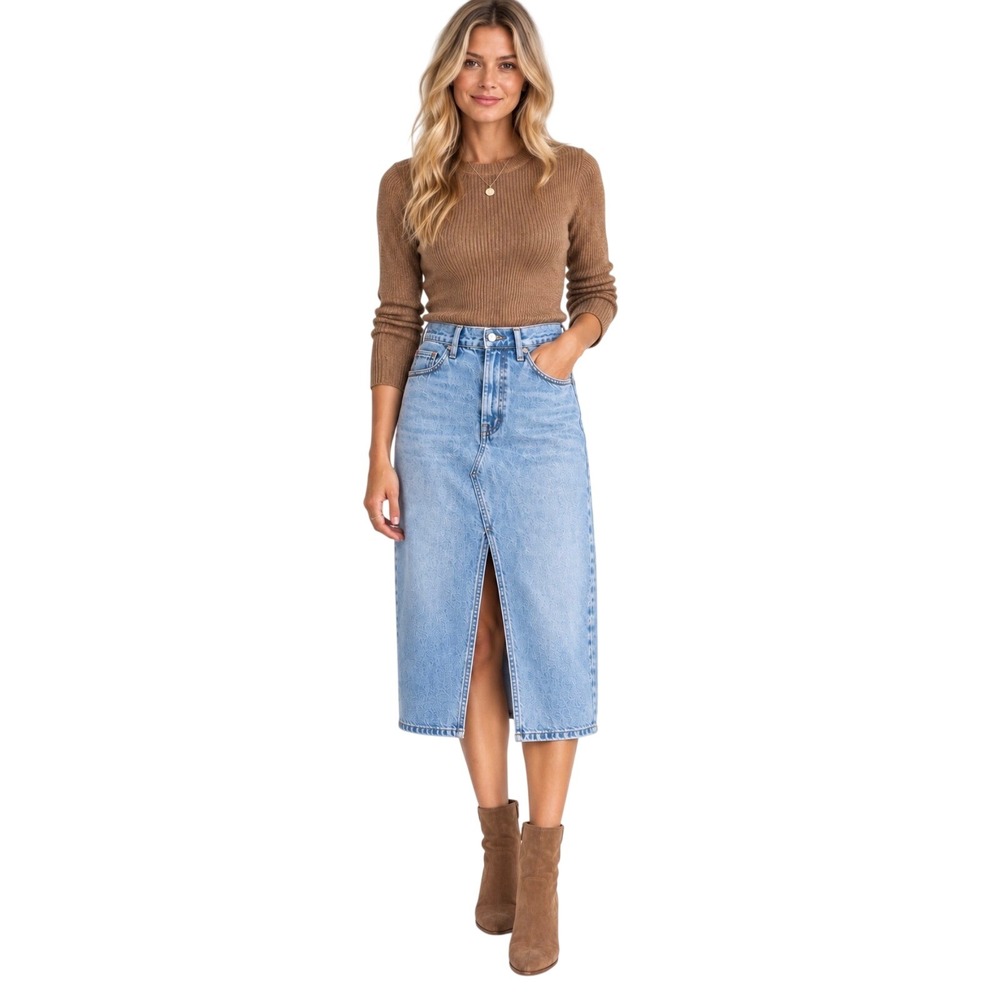 Abercrombie & Fitch Denim High Waisted Midi Skirt with Front Blue Cotton Size 30